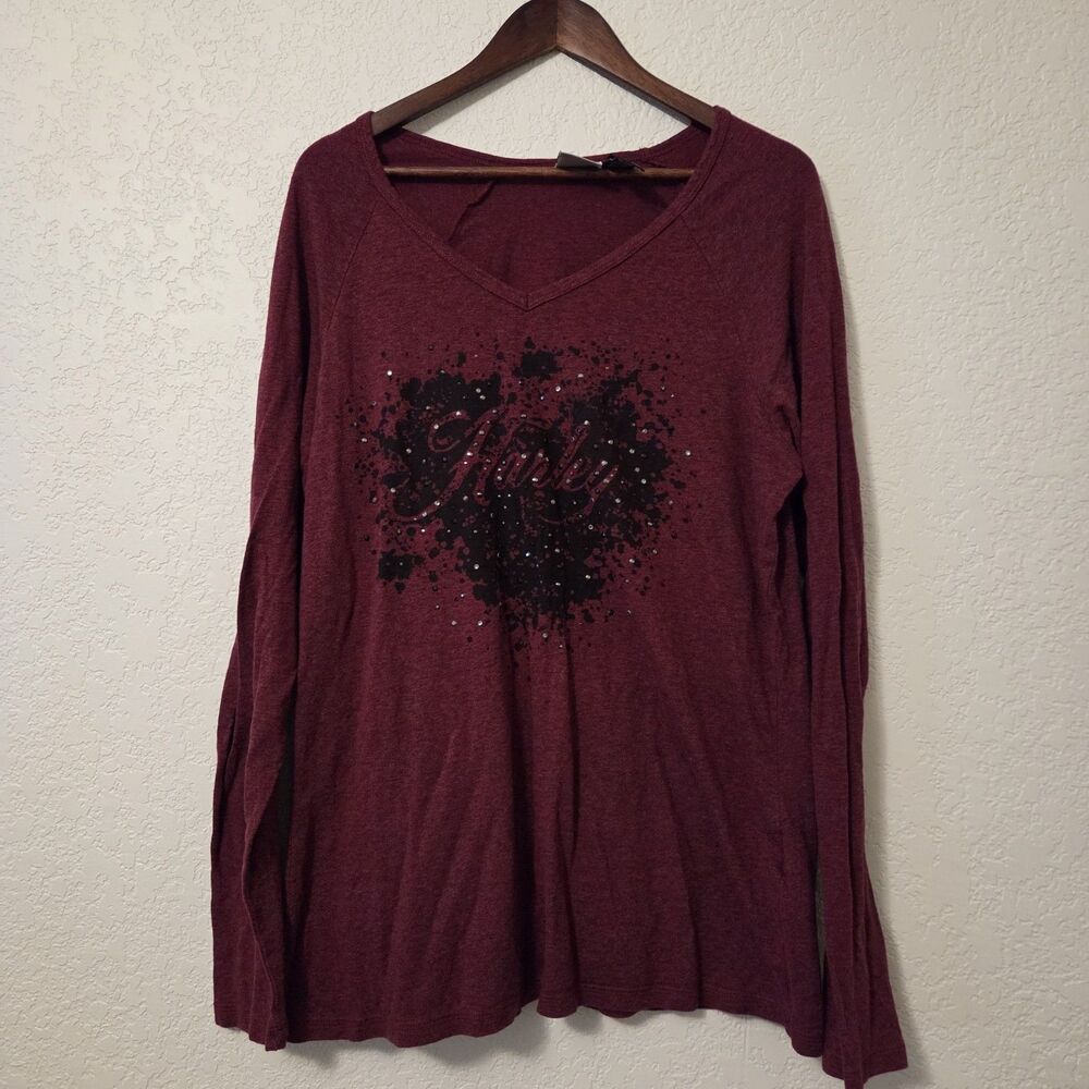 Harley Davidson Top Womans 2XL Maroon Long Sleeve Logo Rhinestone Bling Biker